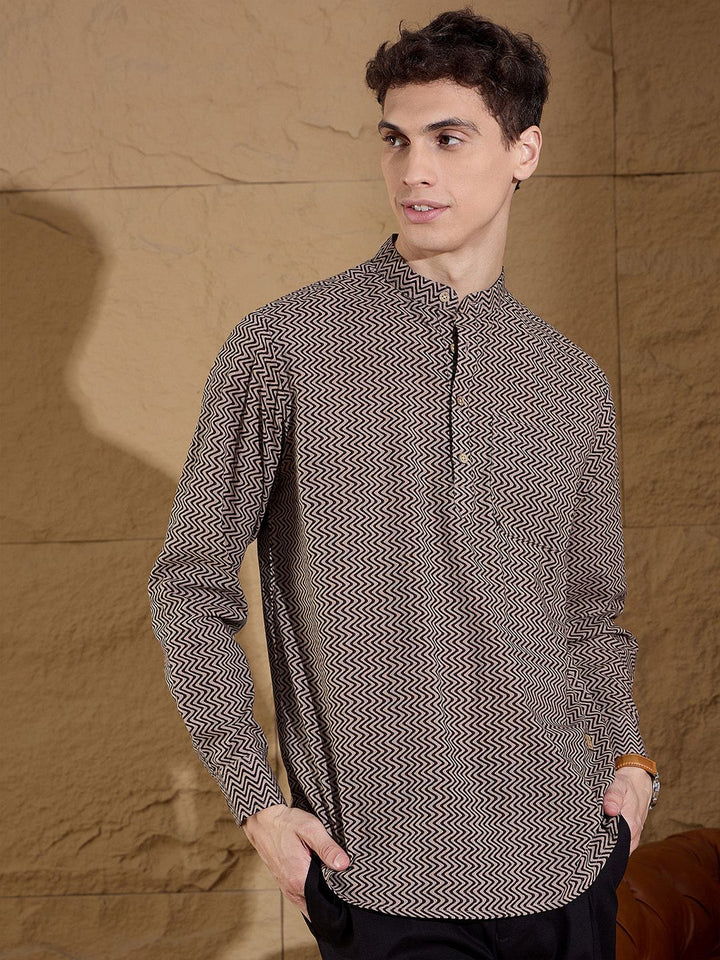 DENNISON Chevron Printed Pure Cotton Band Collar Straight Kurta