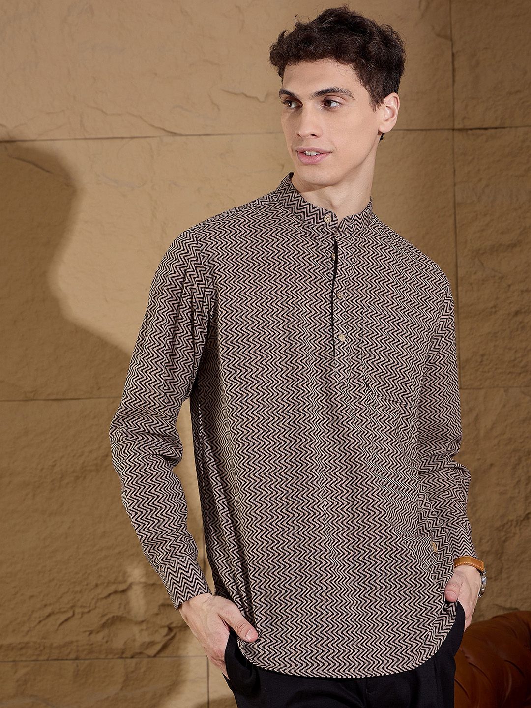 DENNISON Chevron Printed Pure Cotton Band Collar Straight Kurta