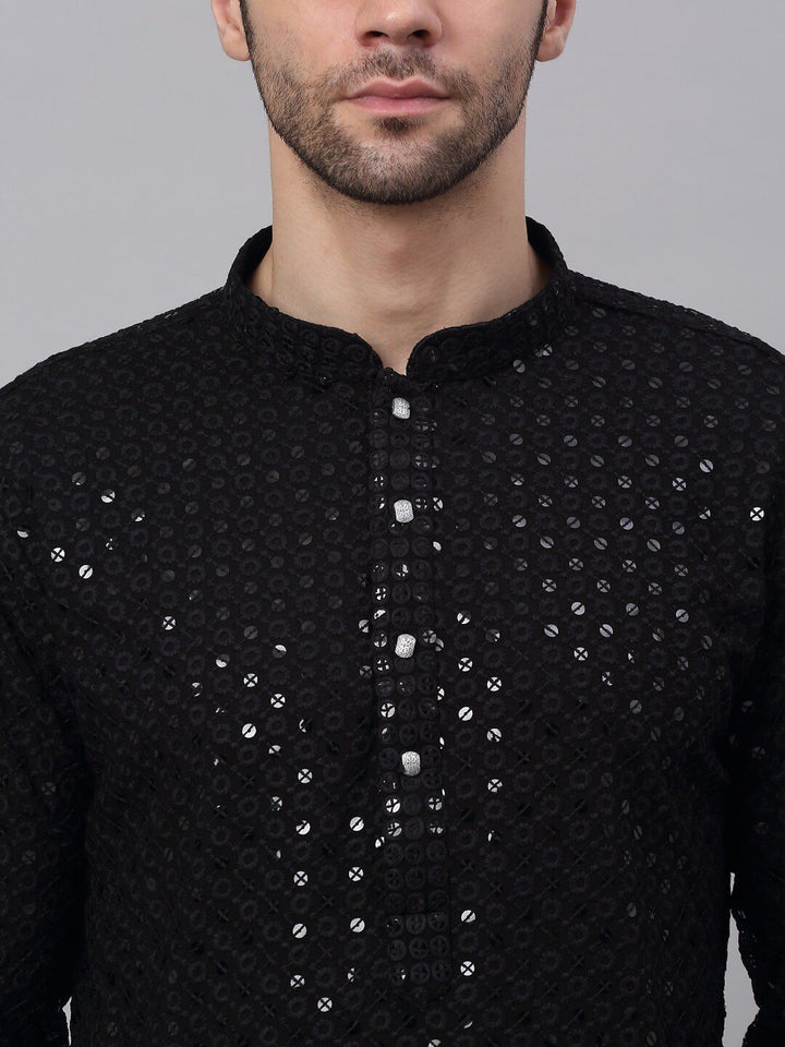 Jompers Men Black Floral Embroidered Sequined Cotton Kurta