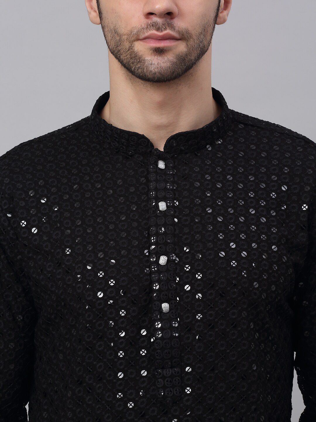 Jompers Men Black Floral Embroidered Sequined Cotton Kurta