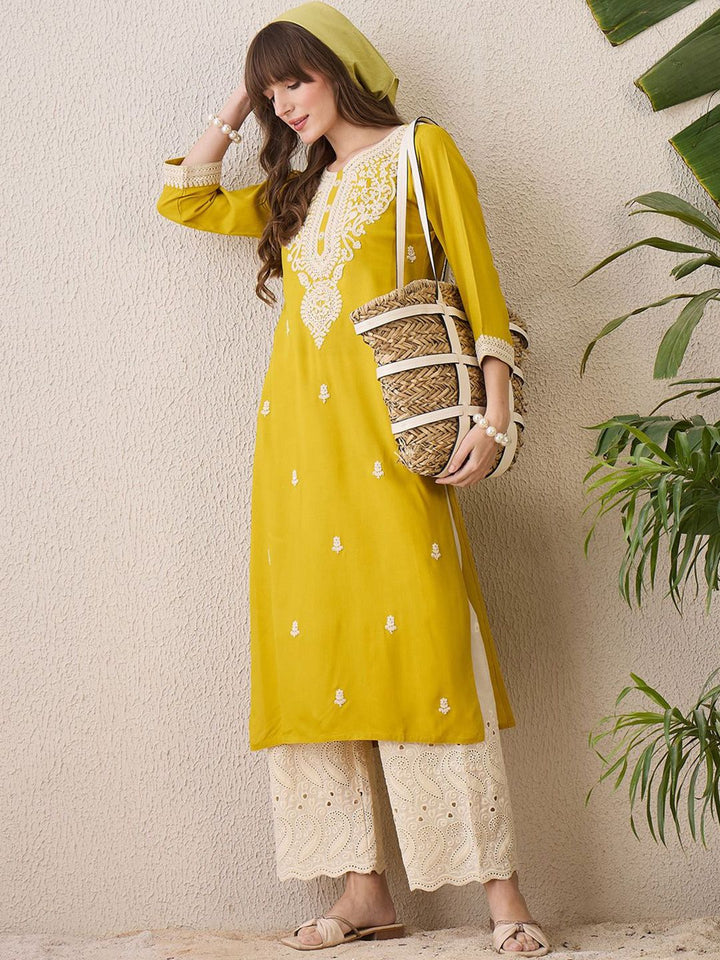 Indo Era Floral Embroidered Thread Work Cotton Straight Kurta