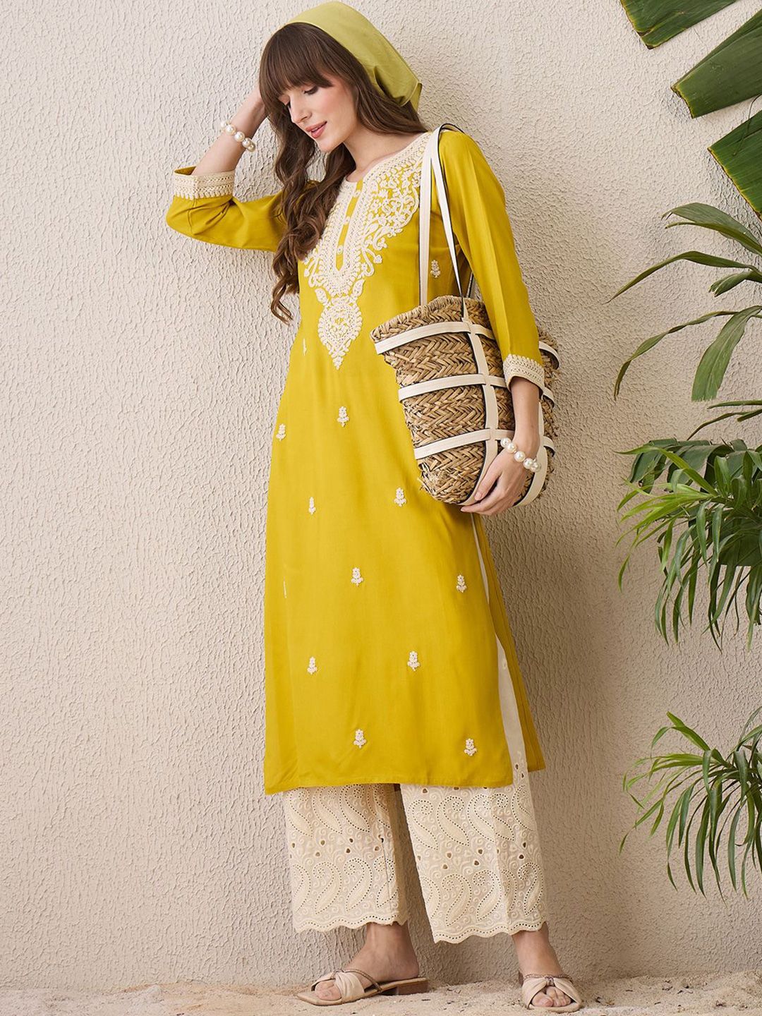 Indo Era Floral Embroidered Thread Work Cotton Straight Kurta