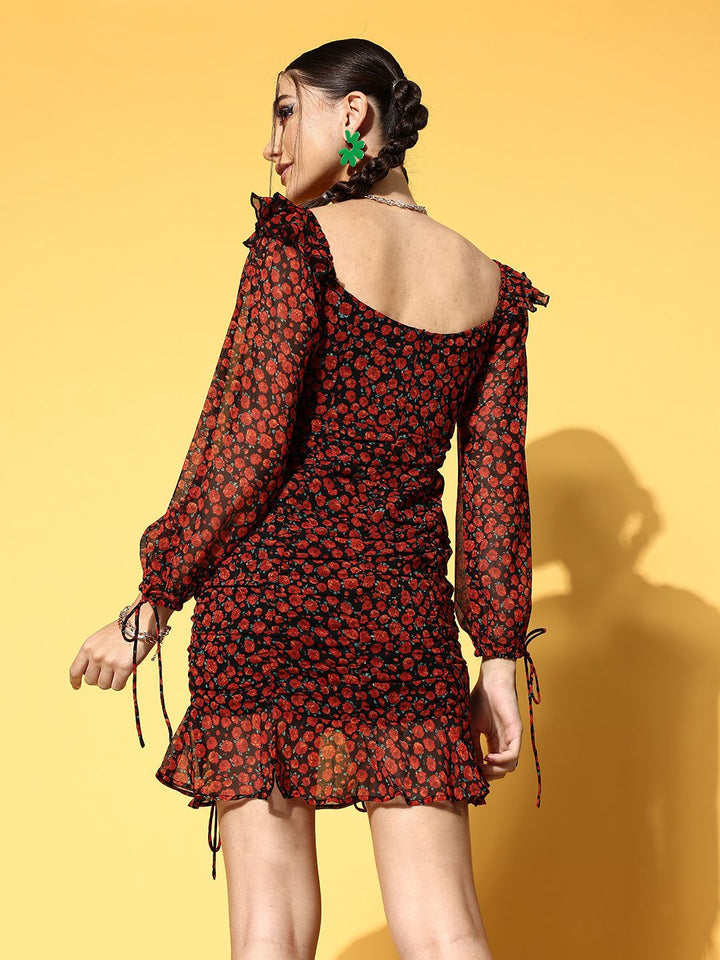 Berrylush Women Stunning Black Floral Volume Play Dress