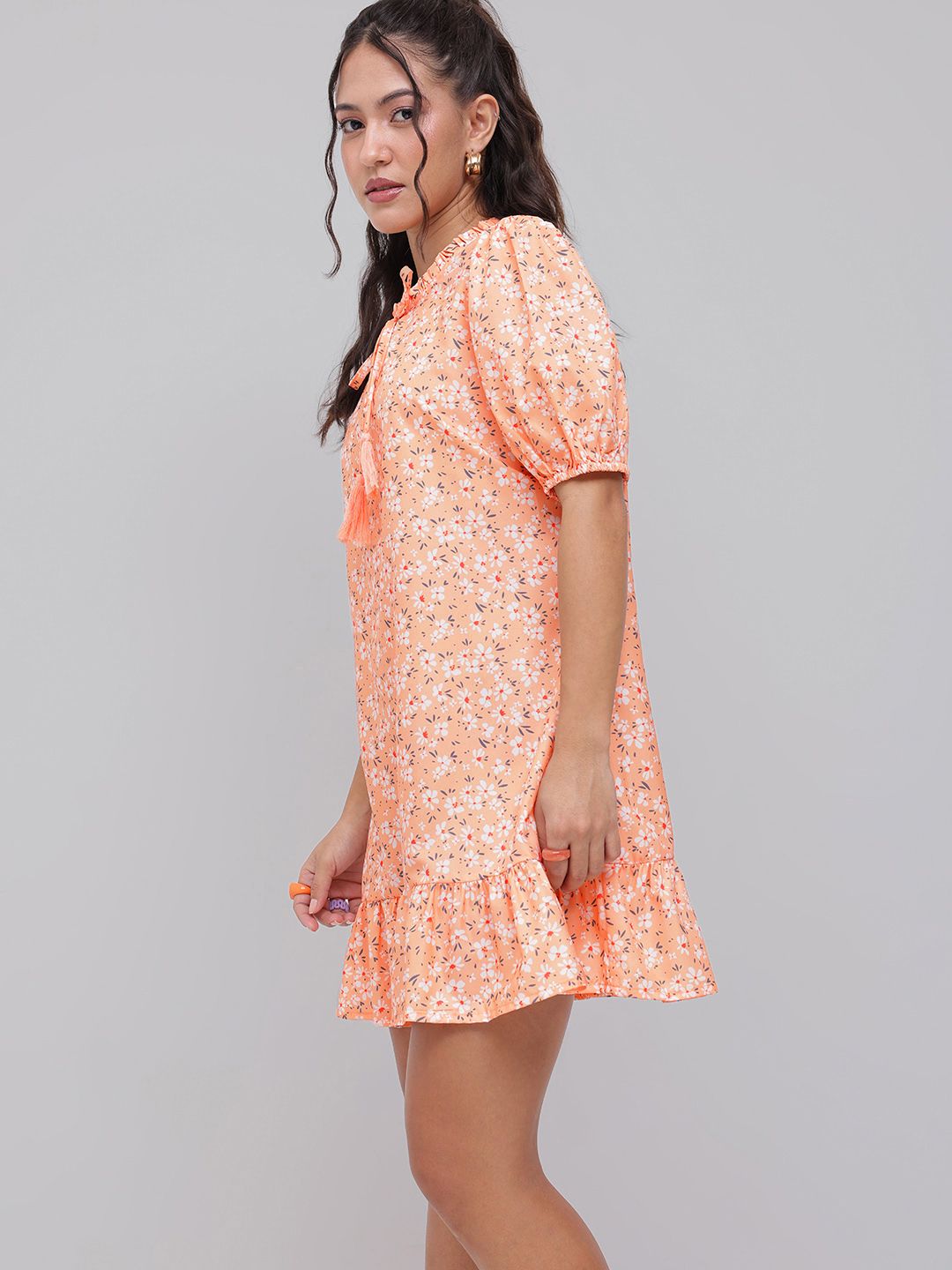 DressBerry Vintage Touch Floral Printed Tie-Up Neck A-line Dress