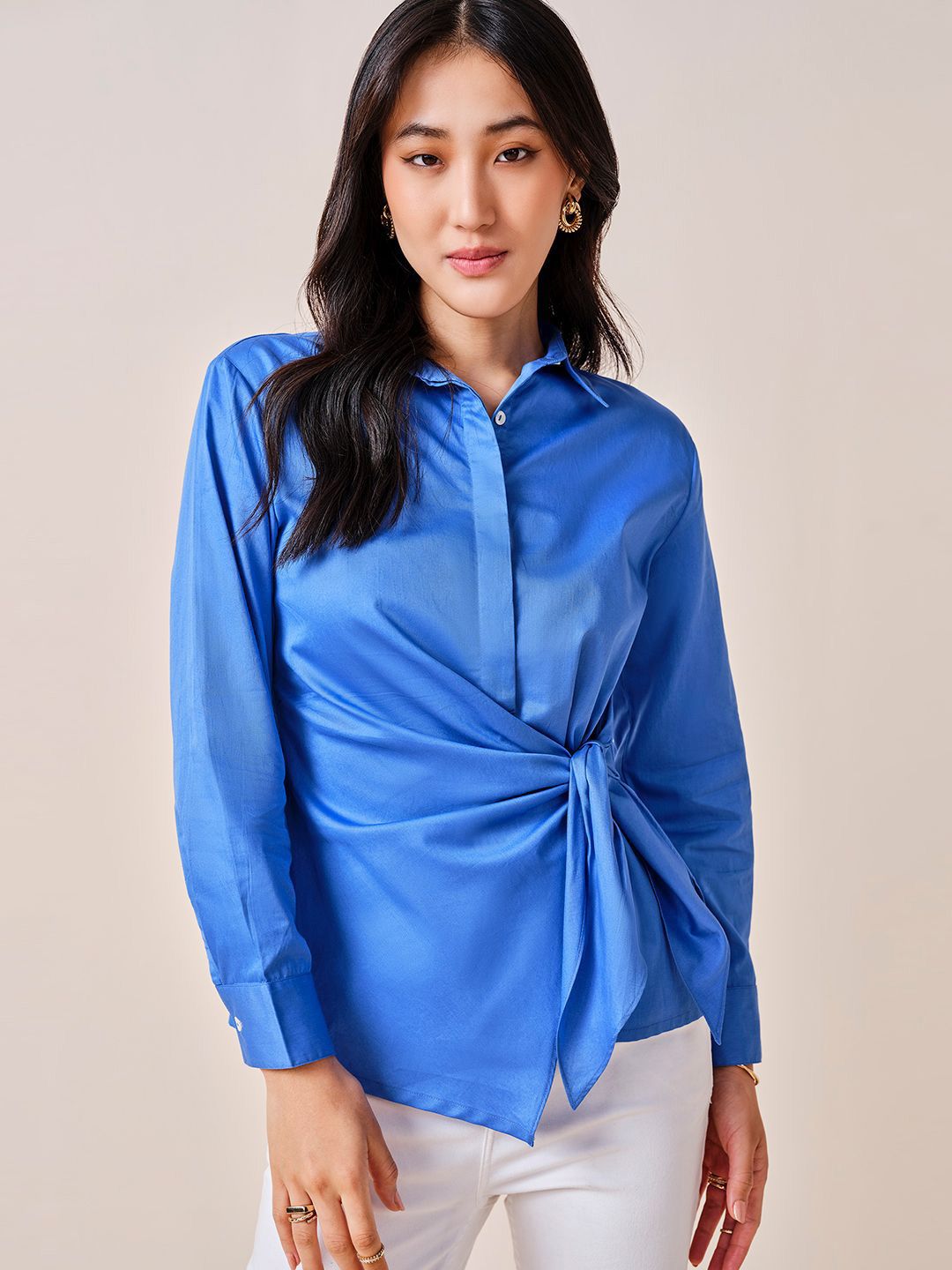 AND Women Solid Shirt Collar Long Sleeves Cotton Top