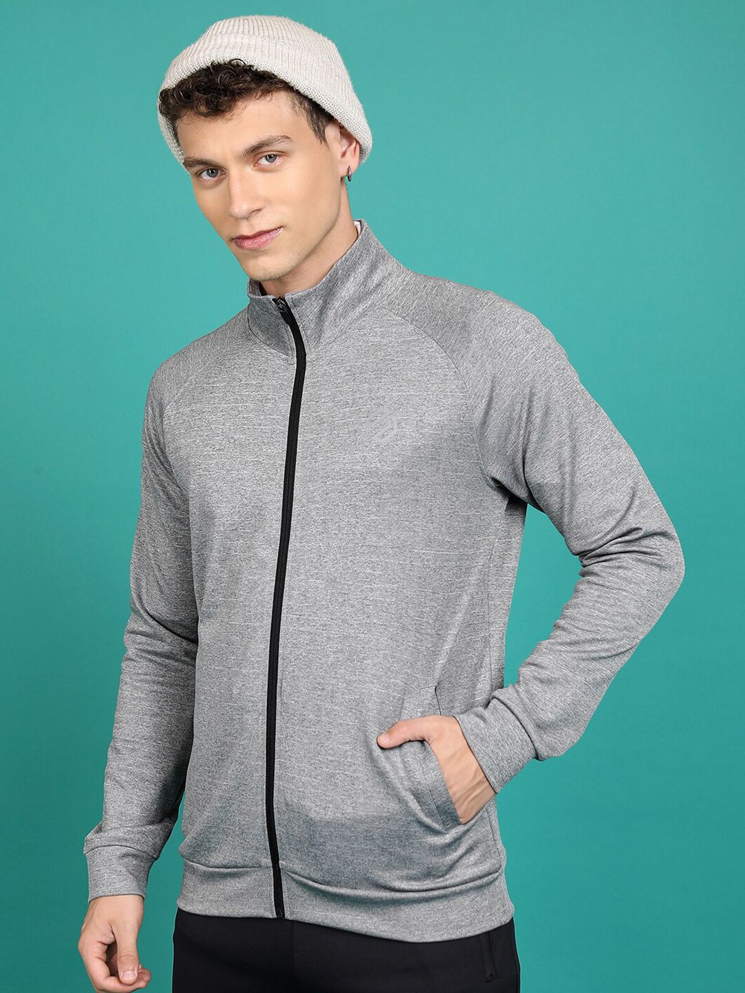 HIGHLANDER Grey Mock Collar Front-Open Sweatshirt