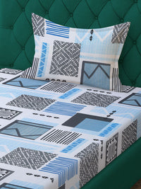 KLOTTHE Kelabu & Biru Bercetak Geometrik Kapas Tulen 400 TC Cadar Single Dengan Sarung Bantal