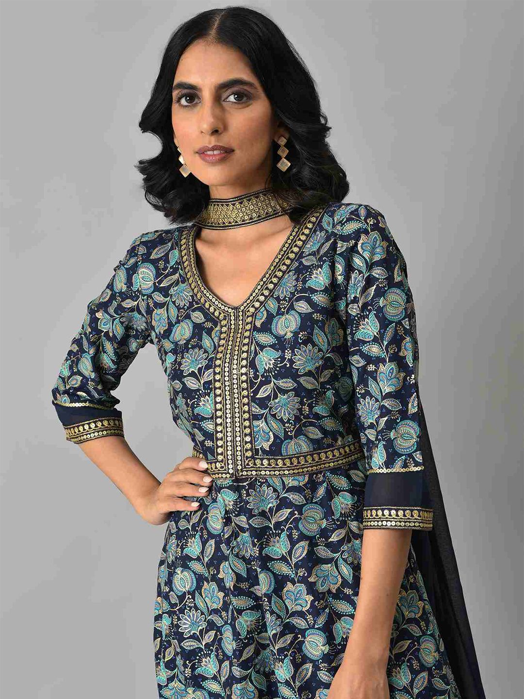 AURELIA Blue Zari Embroidered Floral Printed Choker Maxi Dress