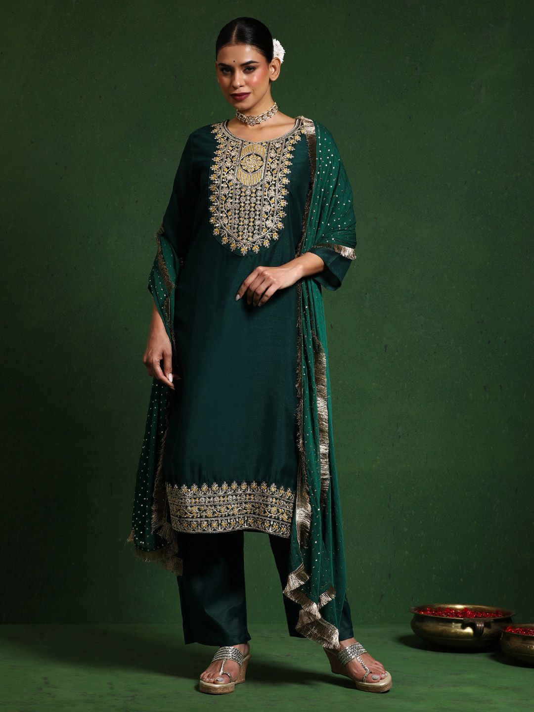 Varanga Floral Embroidered Cotton Silk Zari Work Straight Kurta With Trousers & Dupatta