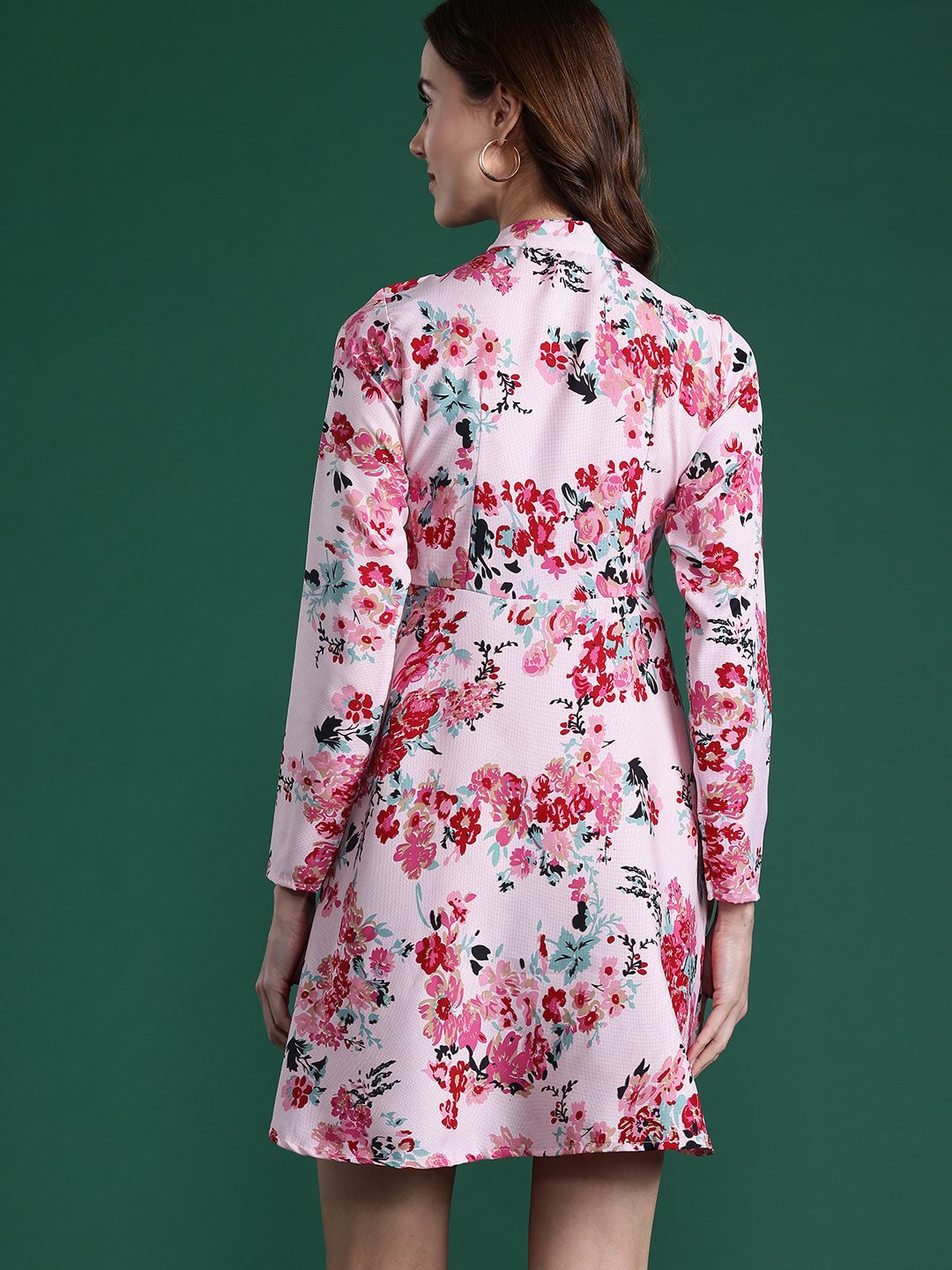 DressBerry Floral Print Tie-Up Neck A-Line Mini Dress