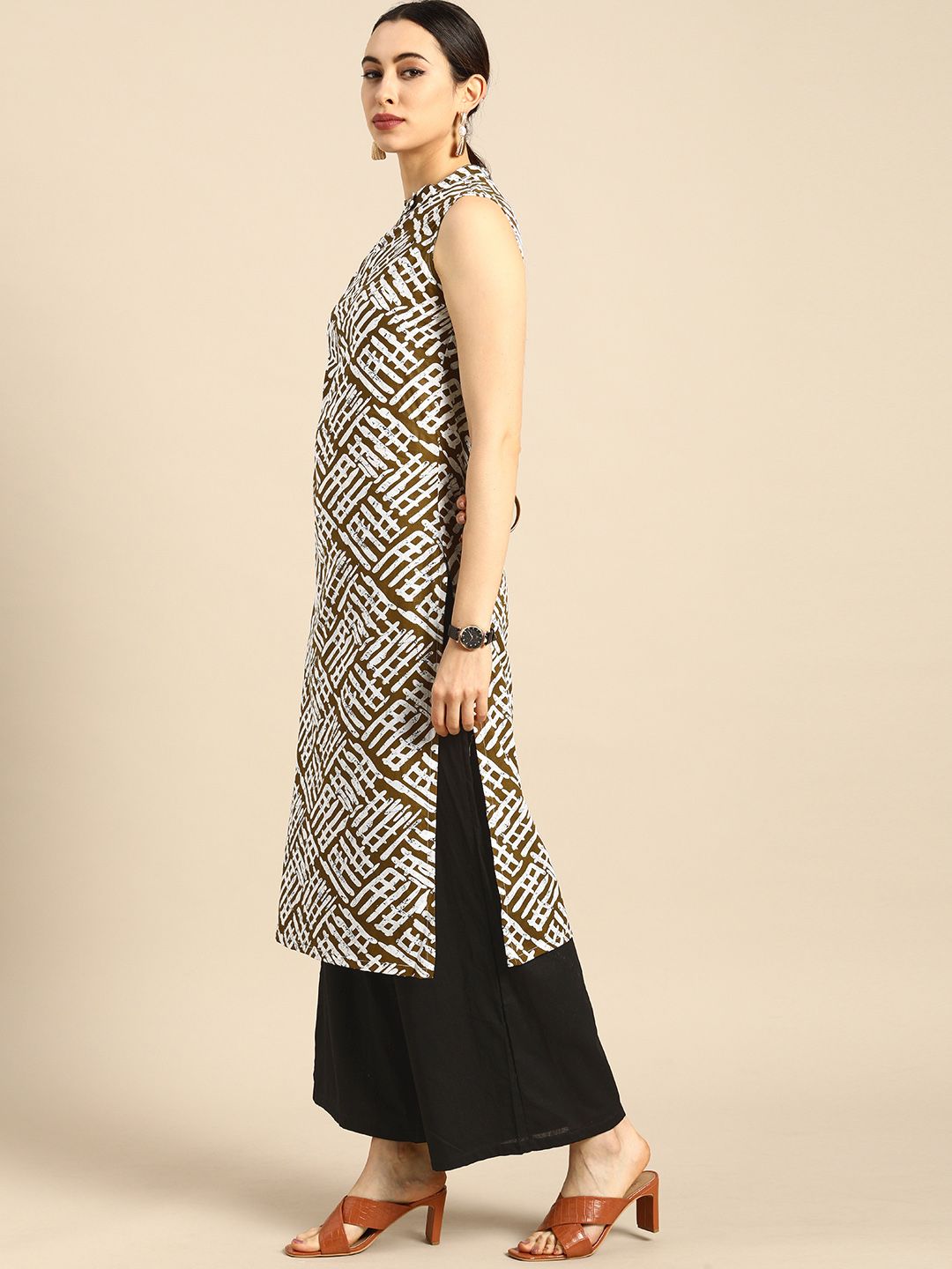 Anouk Women Brown And White Printed Keyhole-Neckline Pure Cotton Kurta with Palazzo