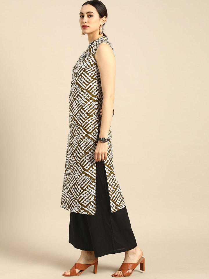 Anouk Women Brown And White Printed Keyhole-Neckline Pure Cotton Kurta with Palazzo