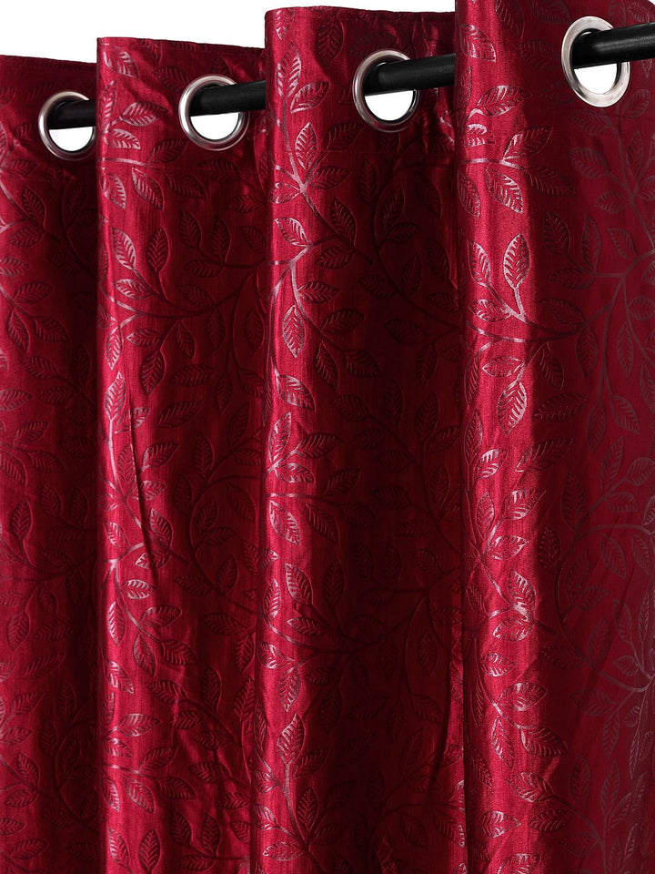 Cortina Set of 2 Maroon Embossed Leaf Print Polyester Door Curtains