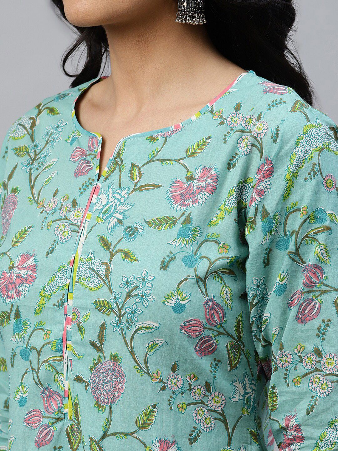 Libas Women Sea Green Floral Printed Kurta with Palazzos & Dupatta