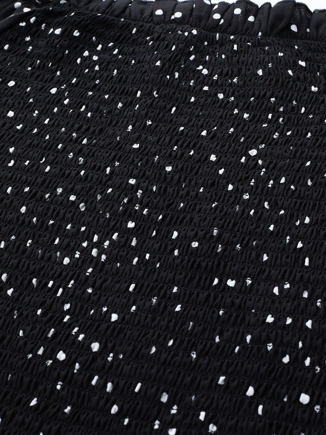 STREET 9 Black & White Polka Dot Print Off-Shoulder Smocked Monochrome Bardot Top