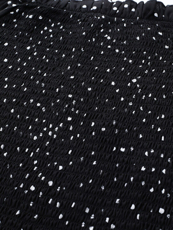 STREET 9 Black & White Polka Dot Print Off-Shoulder Smocked Monochrome Bardot Top