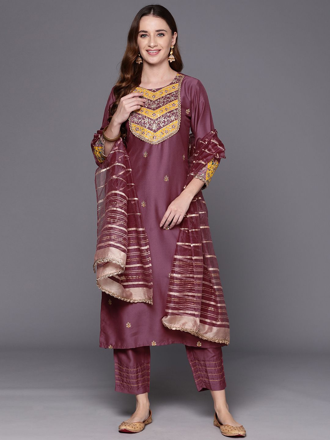 Indo Era Embroidered Regular Sequinned Kurta with Trousers & Dupatta