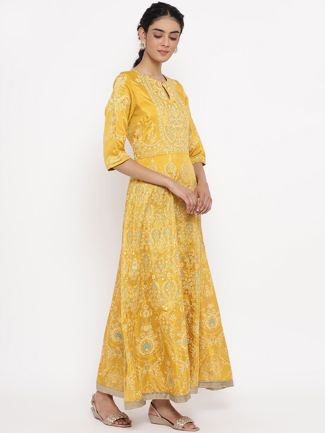 W Women Yellow Floral Printed Keyhole Neck Maxi Dress