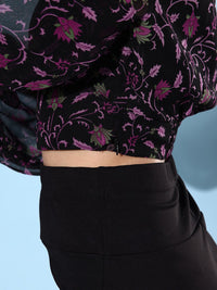 QUIERO Black & Pink Floral Print Bishop Sleeves Crop Top
