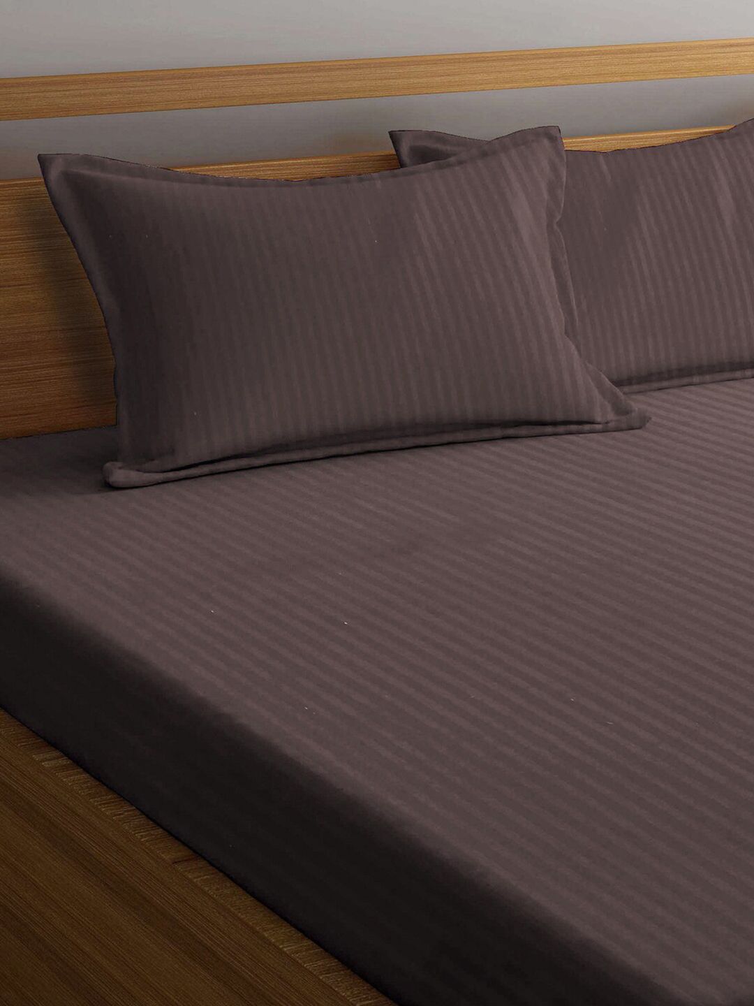 KLOTTHE Brown Striped Cotton 300 TC Fitted Super King Fine Bedsheet with 2 Pillow Covers-270 x 270 cm