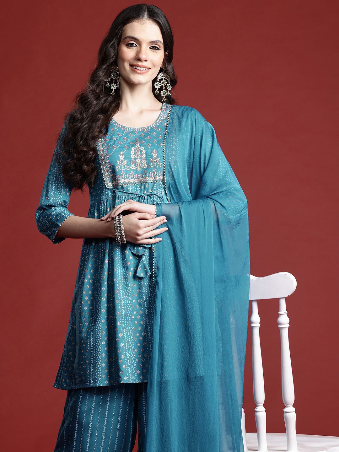 Anouk Women Ethnic Motifs Printed Empire Thread Work Kurta with Palazzos & With Dupatta
