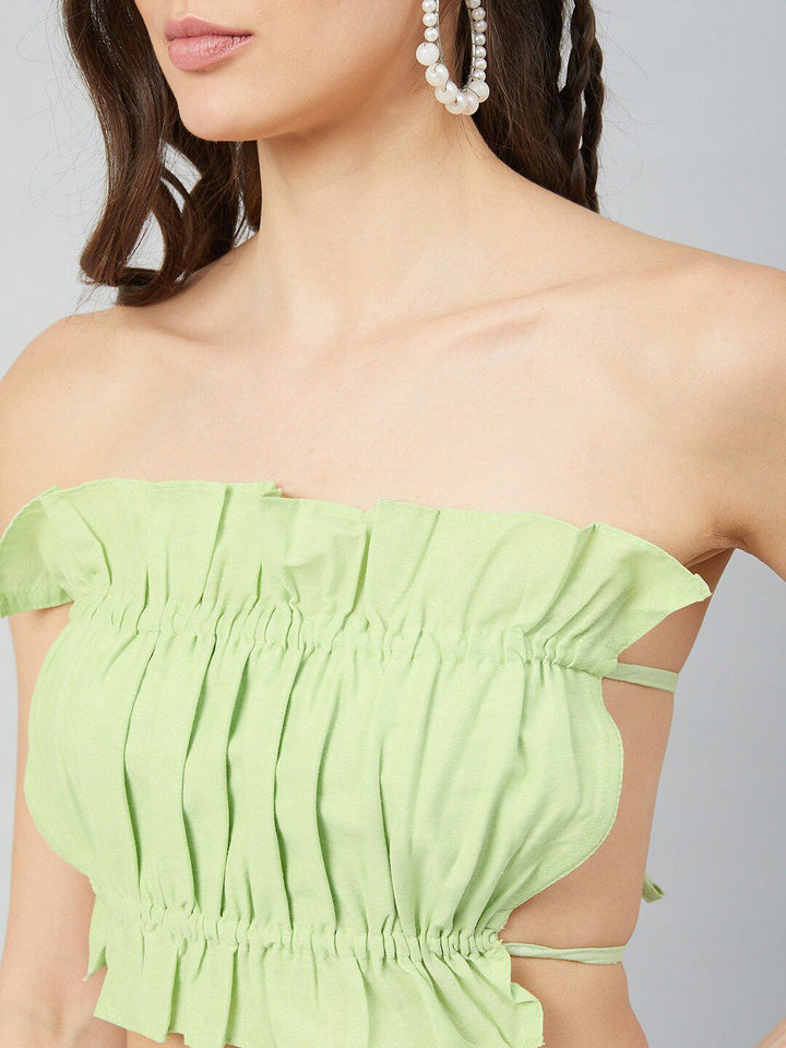 Athena Women Green Linen Tube Crop Top
