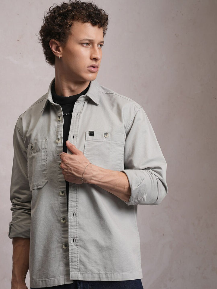 LOCOMOTIVE Premium Washed Dobby Textured Solid Utility Pocket Cotton Overshirt