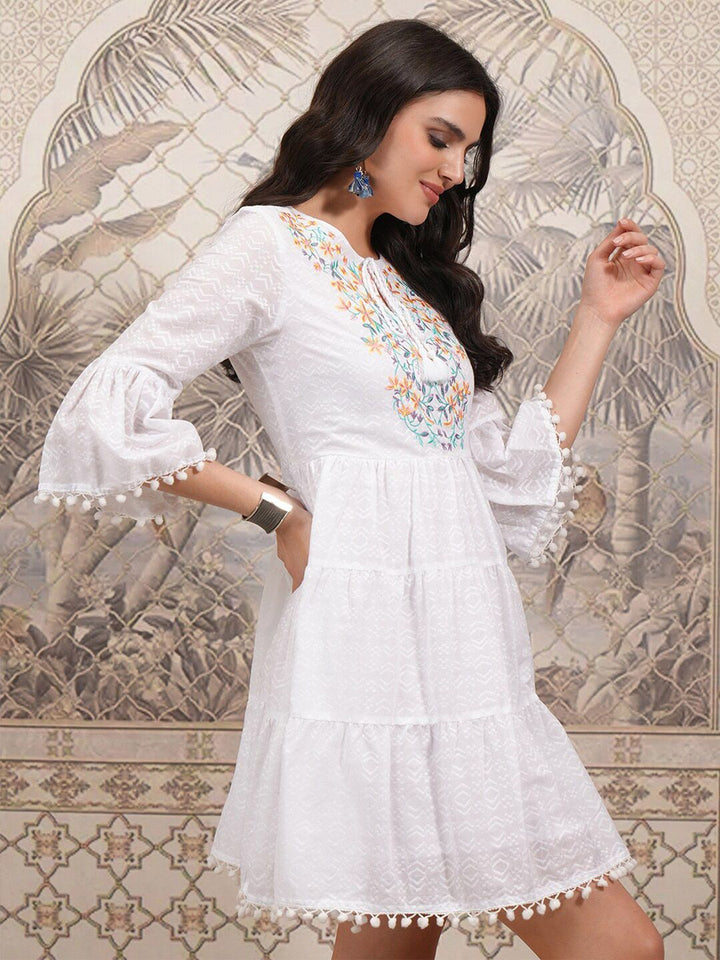 Vishudh Floral Embroidered Tie-Up Neck Cotton Bell Sleeve Fit & Flare Dress