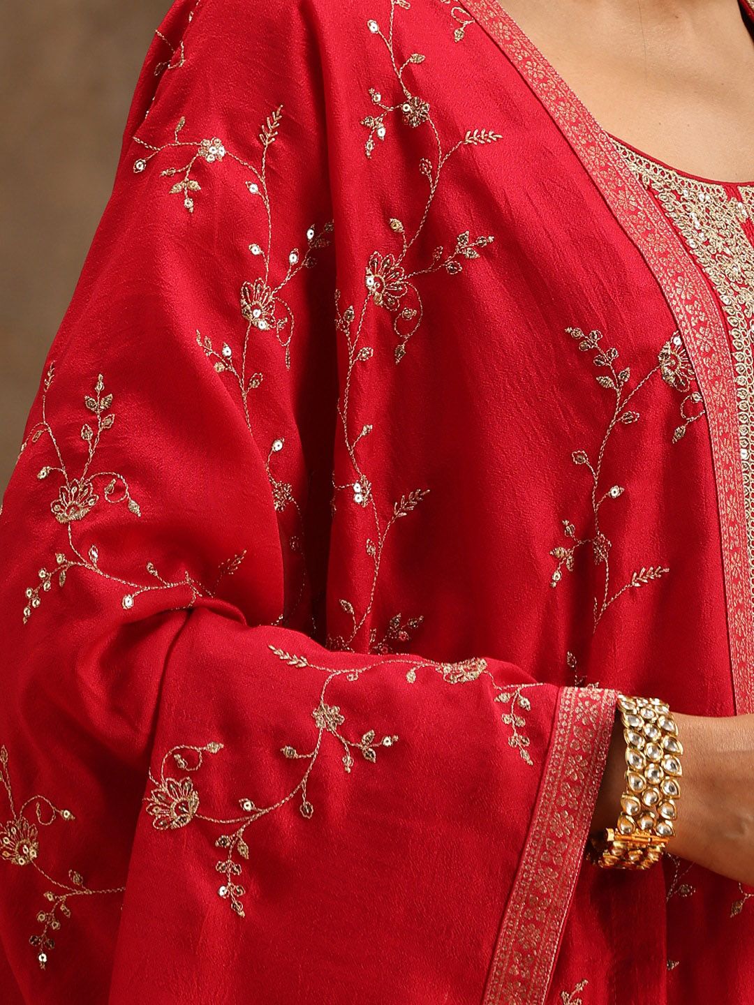 Libas Red & Gold-Toned Ethnic Motifs Embroidered Sequined Kurta with Trousers & Dupatta
