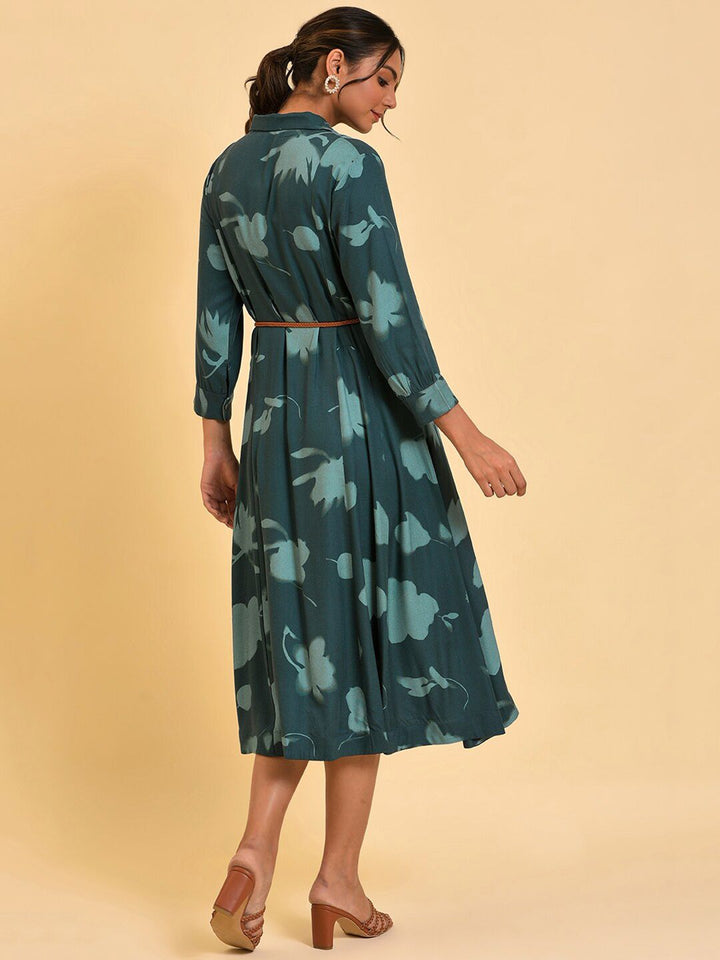 W Green Abstract Printed Shirt Collar Belted Shirt Midi Dress