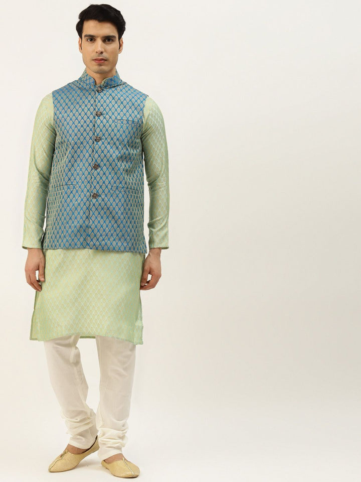 SOJANYA Men Blue & Green Jacquard Ethnic Motifs Straight Kurta with Churidar