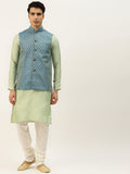 SOJANYA Men Blue & Green Jacquard Ethnic Motifs Straight Kurta with Churidar