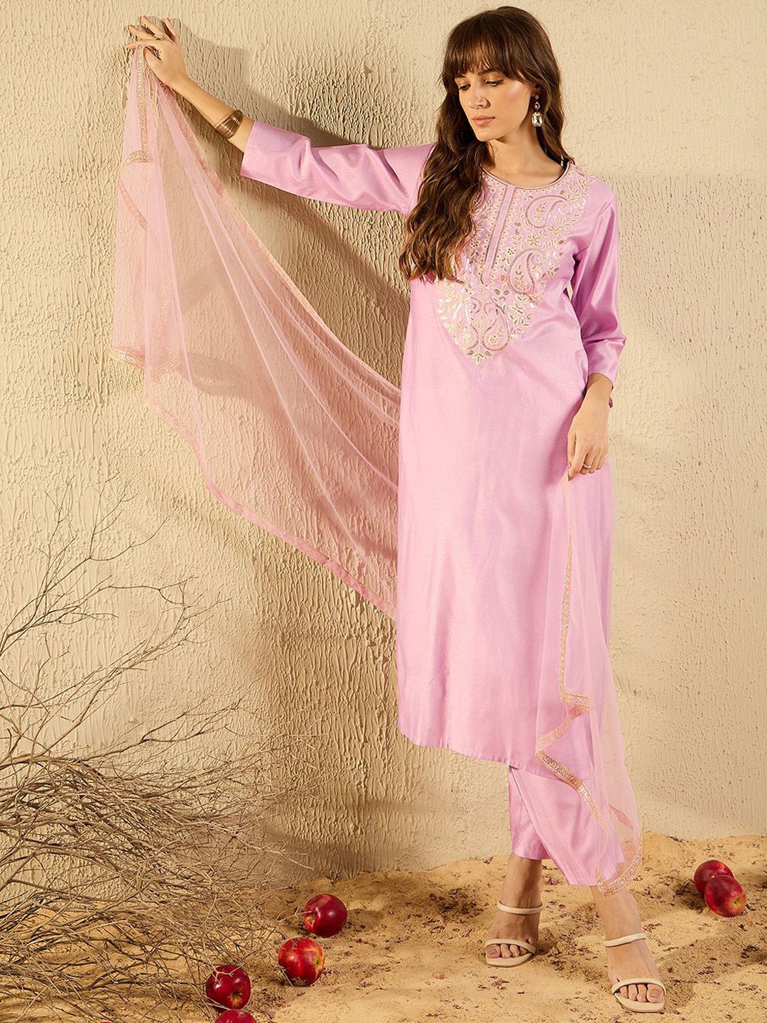 Indo Era Women Ethnic Motifs Embroidered Regular Thread Work Liva Kurta with Trousers & With Dupatta
