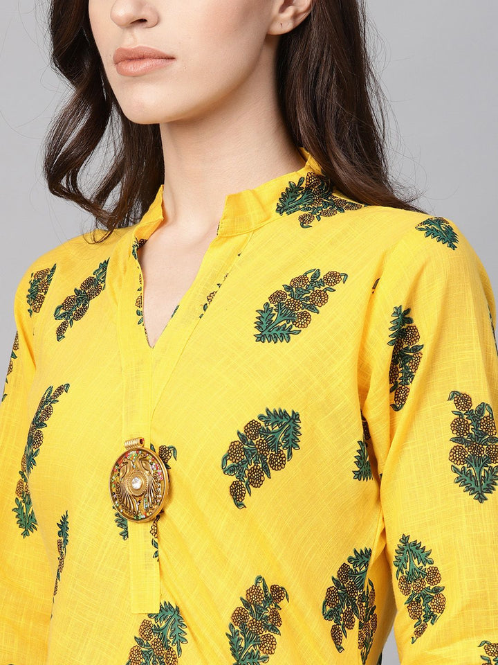 SOJANYA Kurta Bercetak A-Line Wanita Kuning & Hijau
