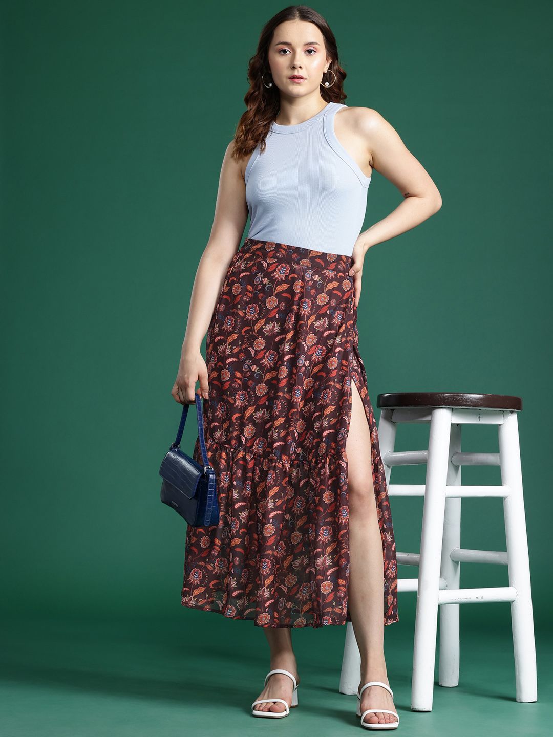 DressBerry Floral Print Slit Midi Skirt