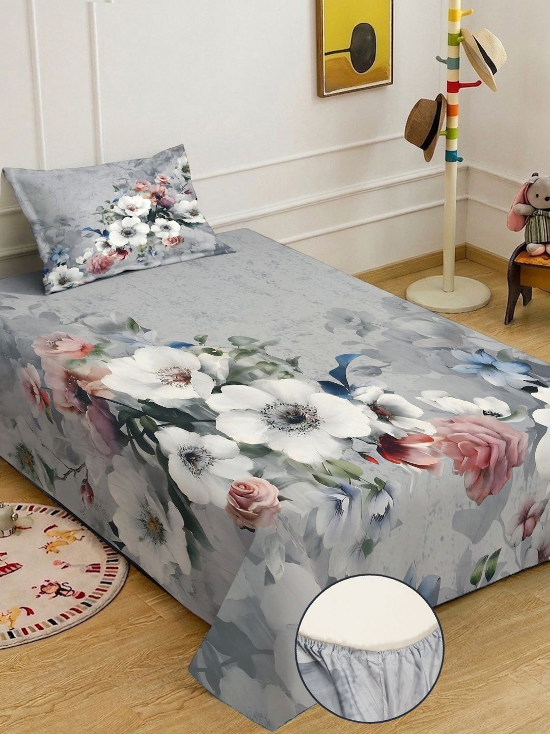 KLOTTHE Grey Floral Fitted 400 TC Single 7D Bedsheet with 1 Pillow Covers