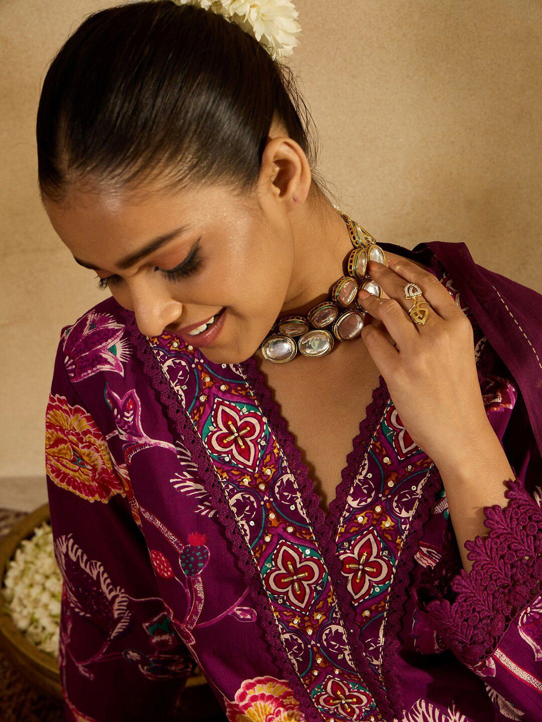Indo Era Burgundy Floral Printed V-Neck Sequinned Pure Cotton Straight Kurta Set