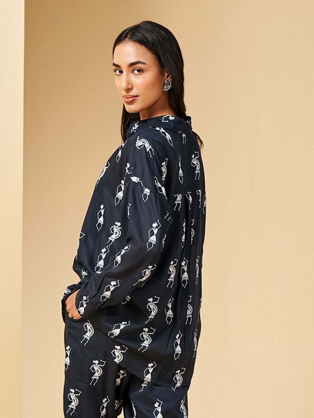 Global Desi Graphic Printed Mandarin Collar Shirt Style Top