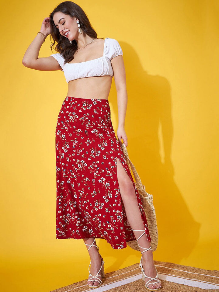 Berrylush Floral Printed High Rise A-Line Midi Skirt
