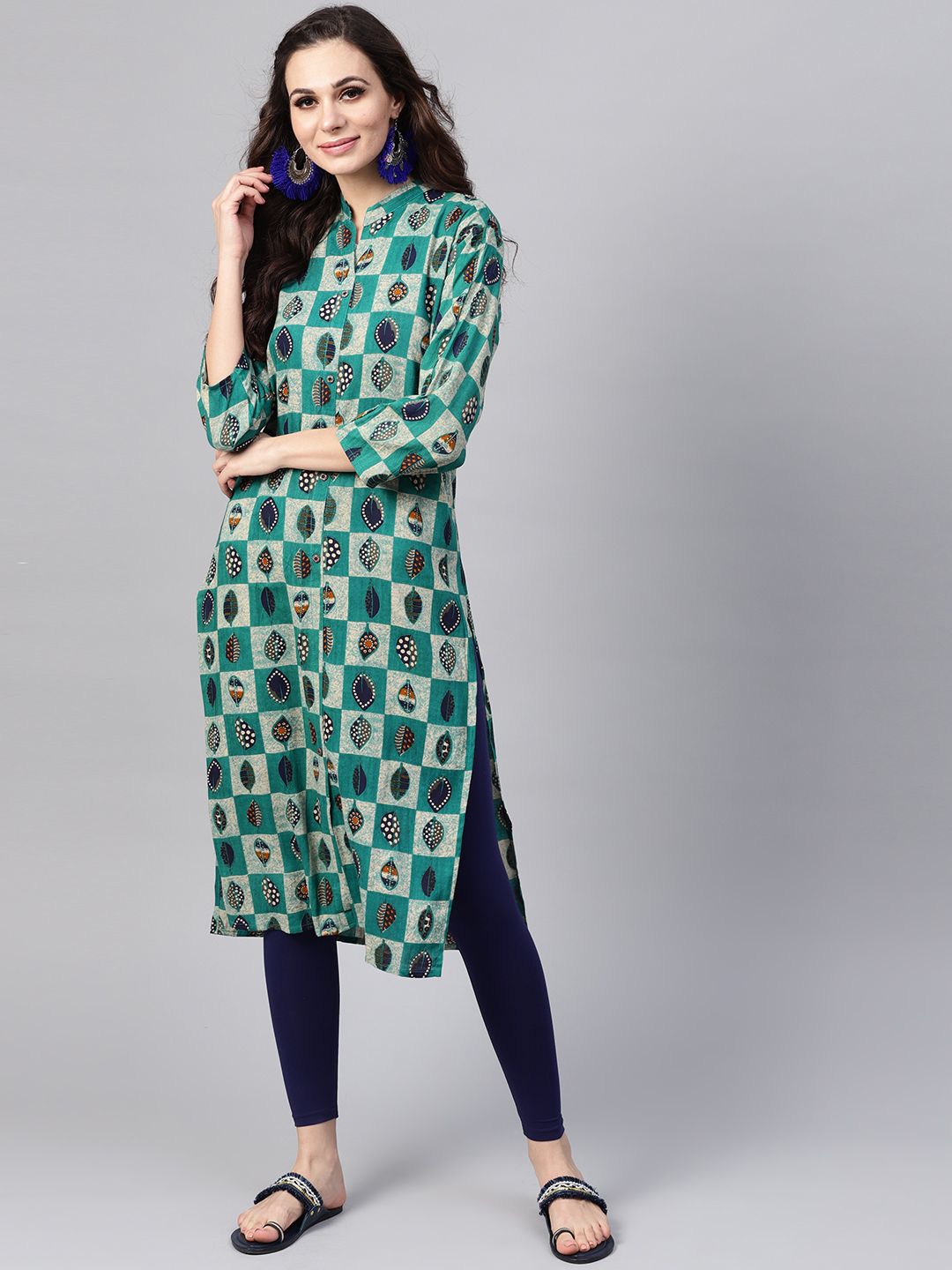 SOJANYA Women Green & Beige Checked Straight Kurta