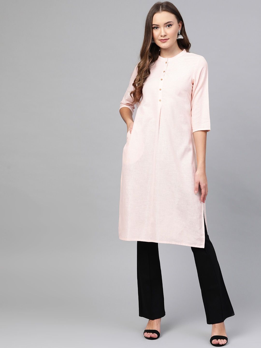 W Women Pink & Silver Striped Straight Kurta