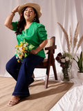 CURVY STREET Plus Size V-Neck Puff Sleeves Jacquard Satin Regular Top