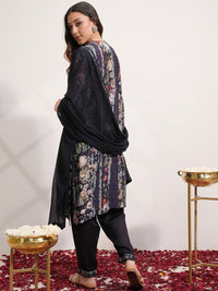 Vishudh Blue Floral Printed Regular Thread Work Kurta with Trousers & Dupatta