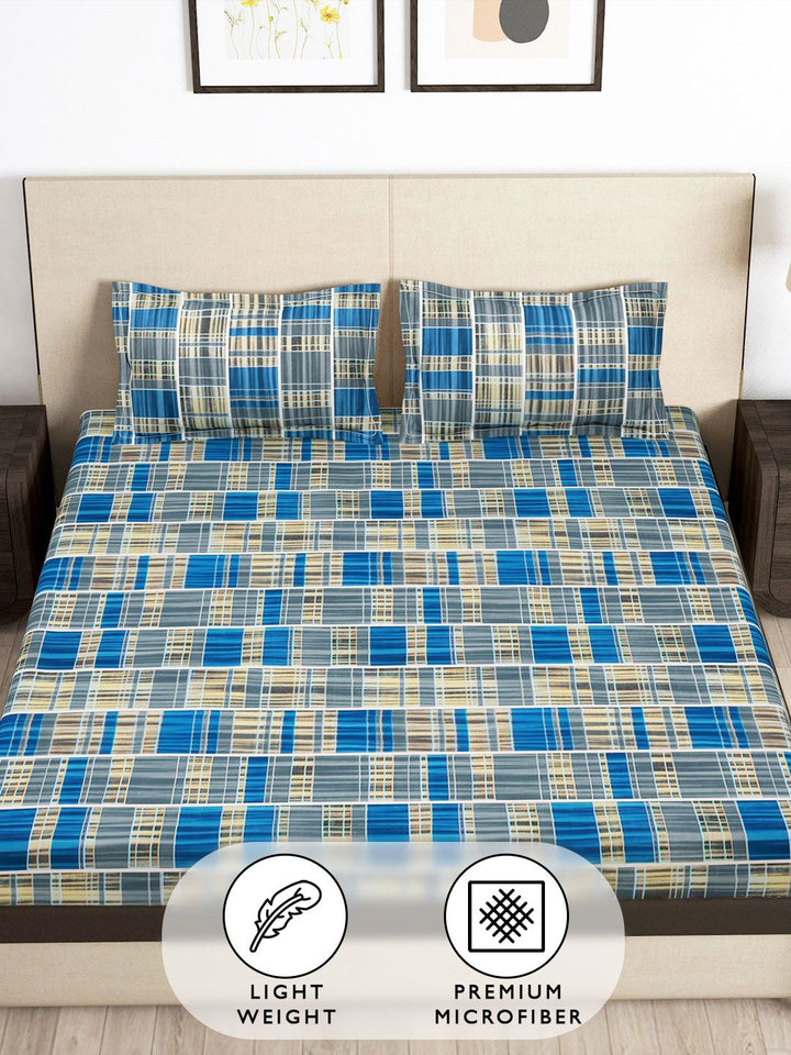 Story@home Arena Grey & Blue Printed 180 TC Fitted King Bedsheet & 2 Pillow Covers