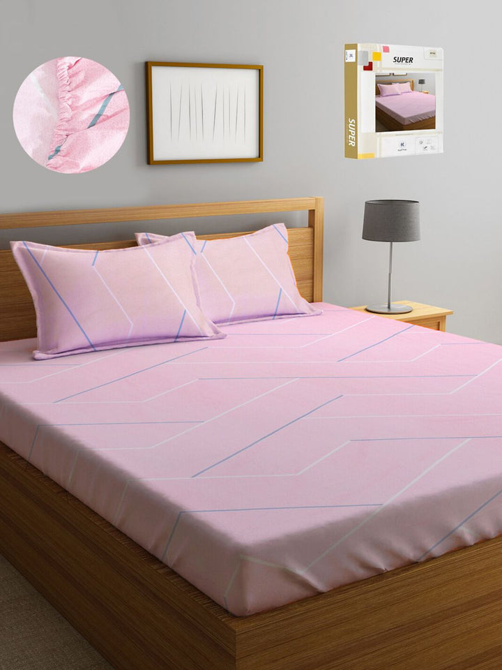KLOTTHE Pink Geometric Cotton 300 TC Dilengkapi Cadar King Halus dengan 2 Sarung Bantal-98 x 87 inci