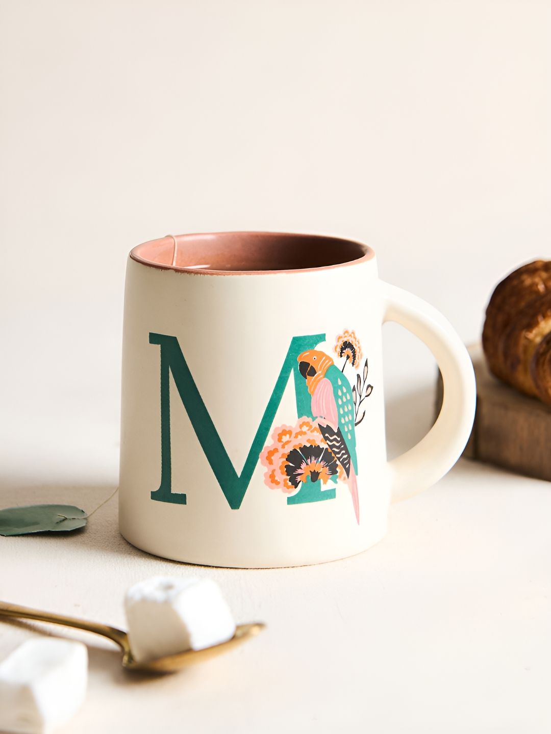 Chumbak Off White & Green Printed Ceramic Glossy Macaw Mug 300 ml