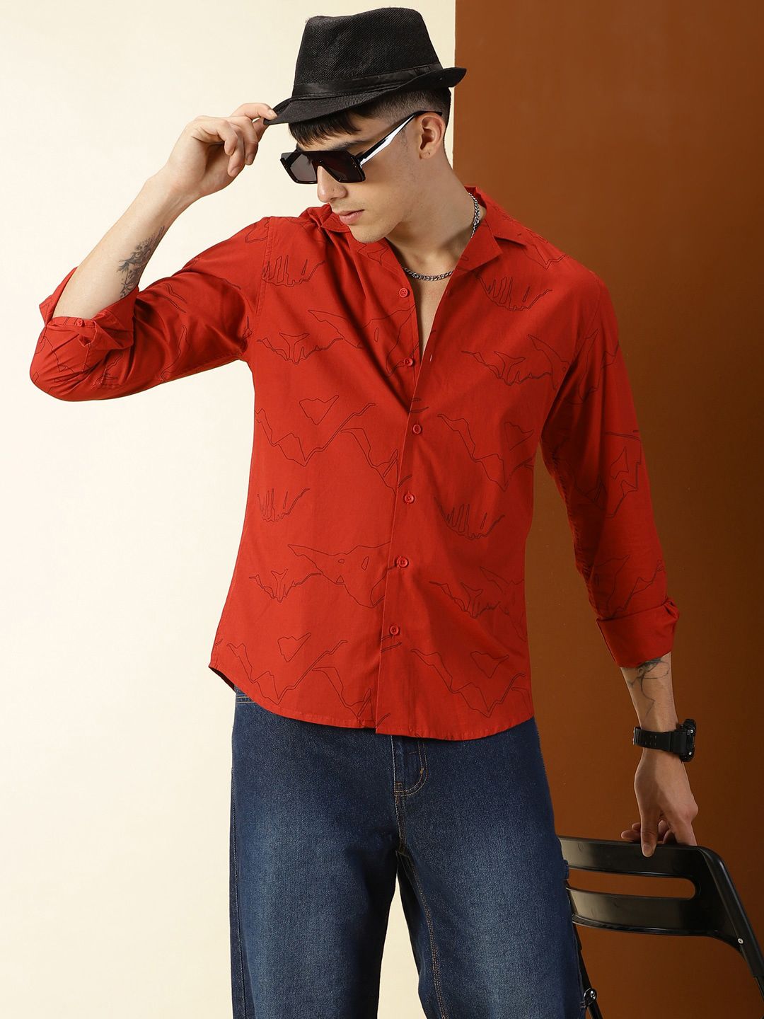 Thomas Scott Classic Abstract Printed Cuban Collar Cotton Casual Shirt