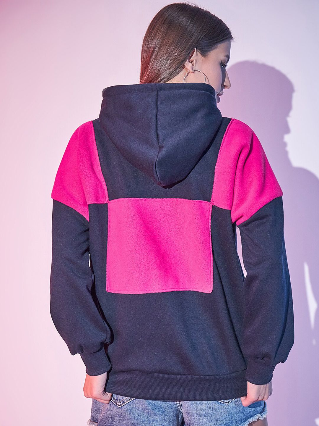 STREET 9 Navy Blue Colourblocked Hooded Fleece Sweatshirt