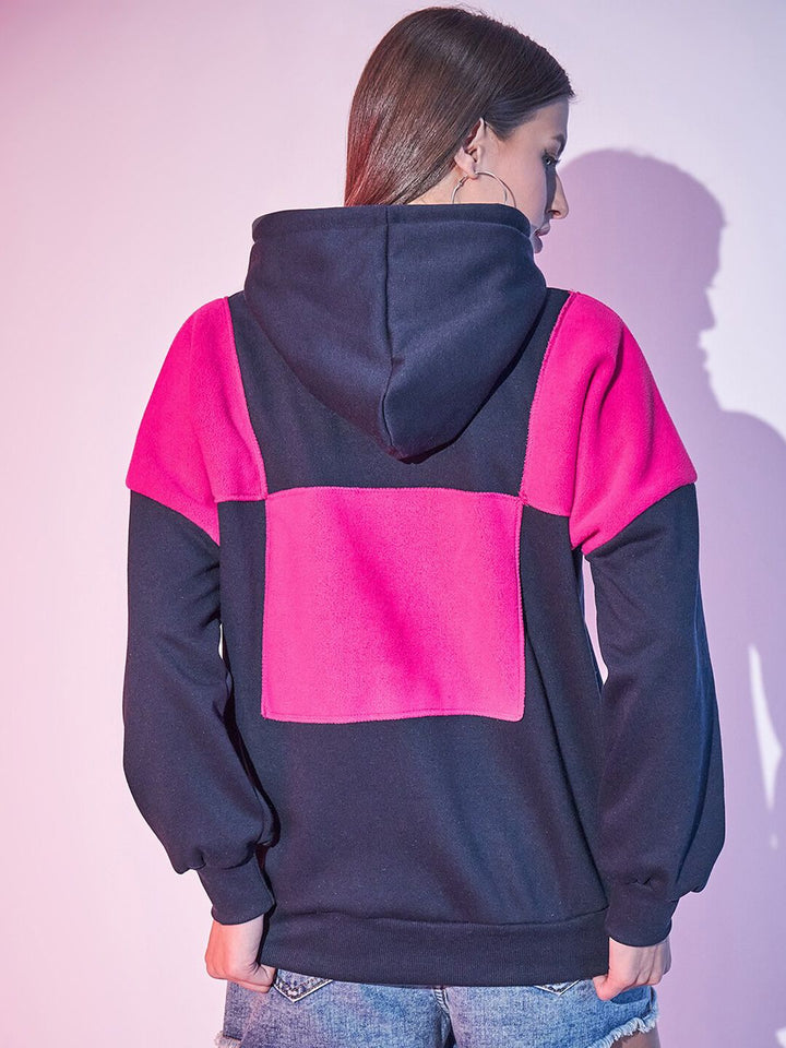 STREET 9 Navy Blue Colourblocked Hooded Fleece Sweatshirt