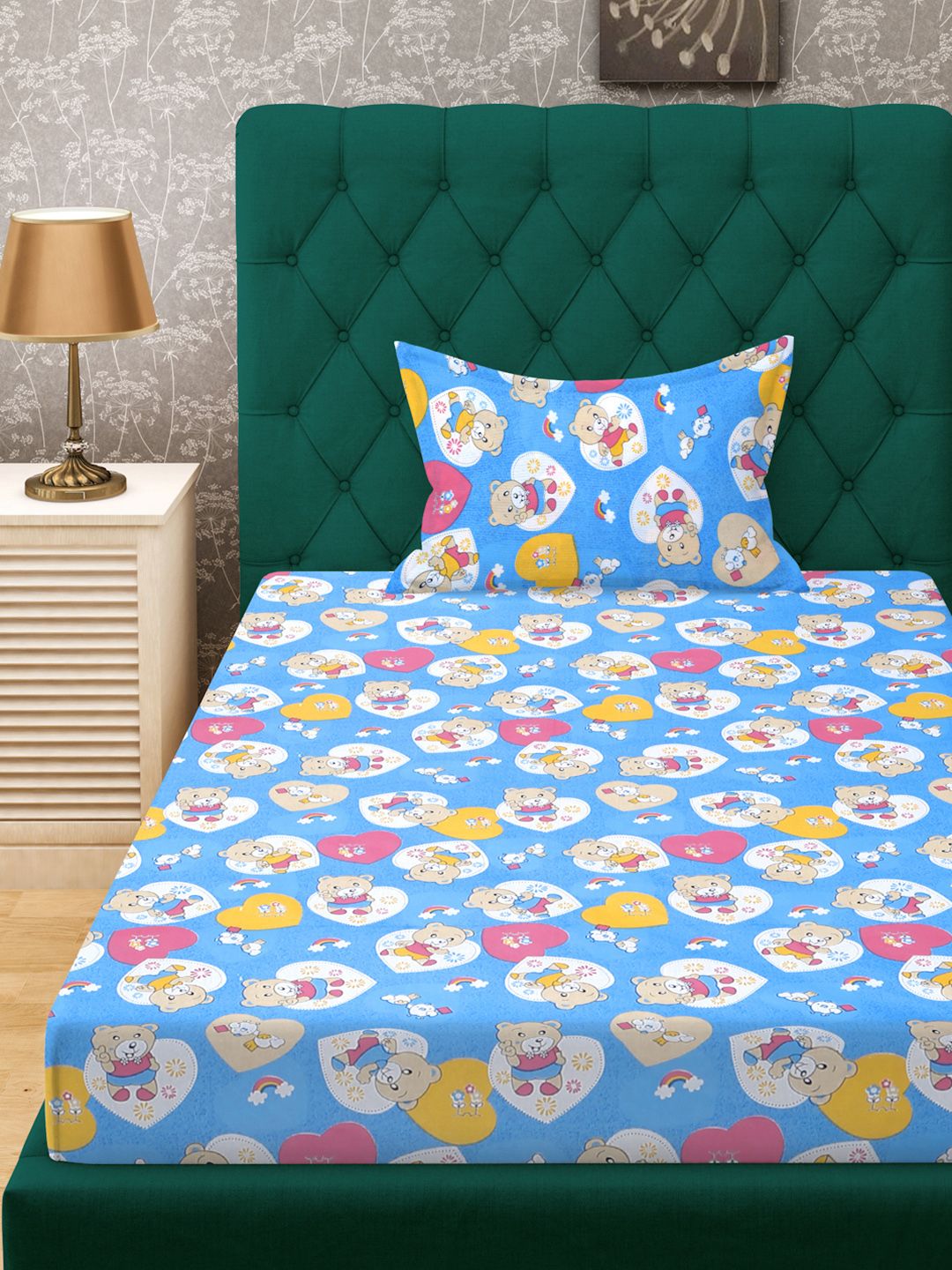 KLOTTHE Blue Conversational Cotton 400 TC Fitted Single Superfine Bedsheet with a Pillow Cover-89 x 59 inches